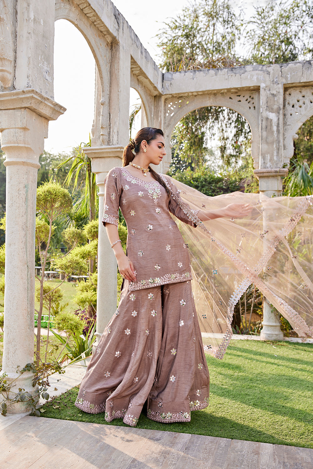 Coffee Mirror Embroidered Short Kurta, Sharara And Dupatta Set