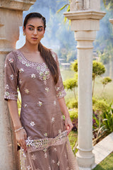 Coffee Mirror Embroidered Short Kurta, Sharara And Dupatta Set