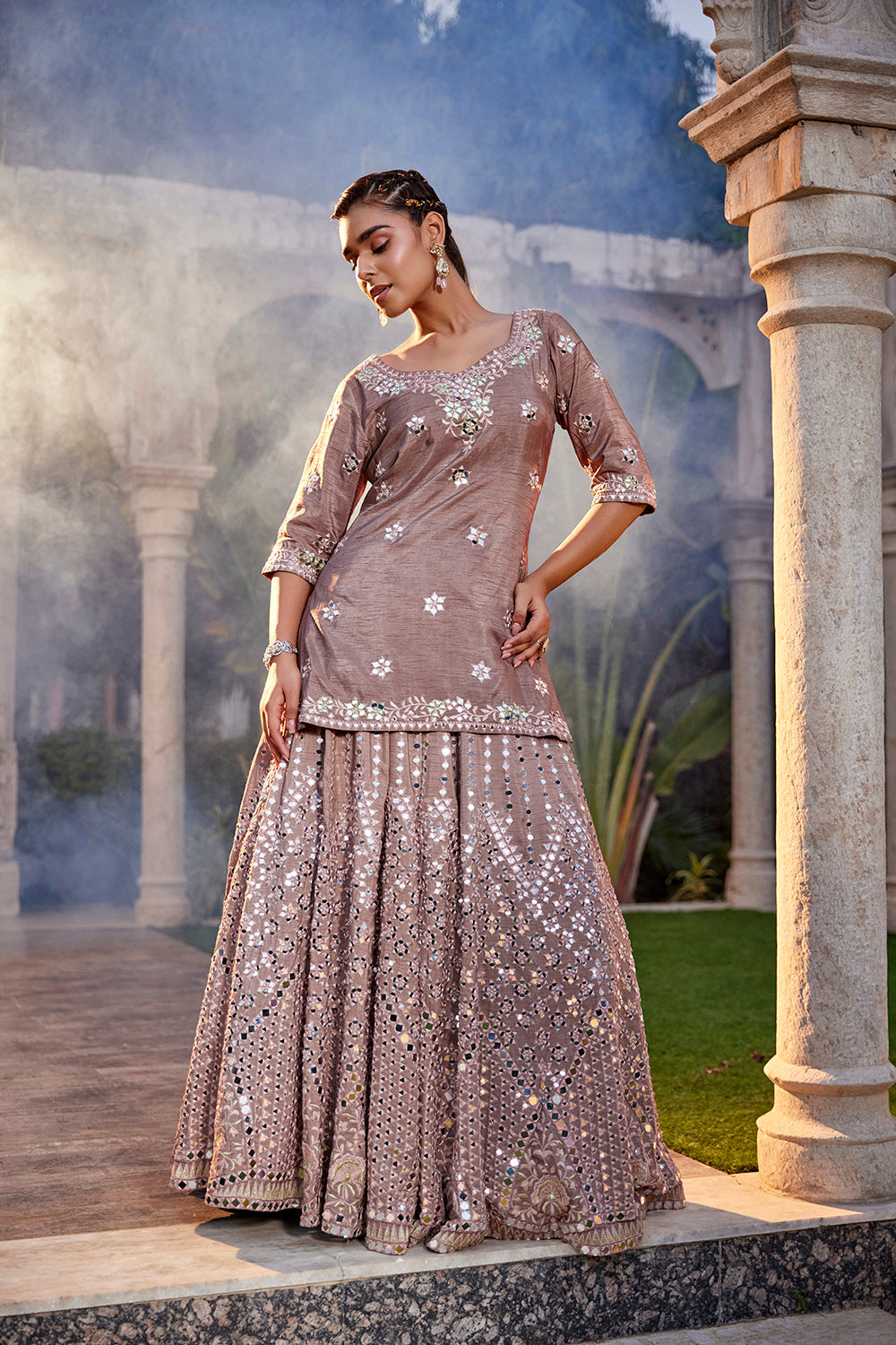 Coffee Mirror Embroidered Kurta, Lehenga And Dupatta Set