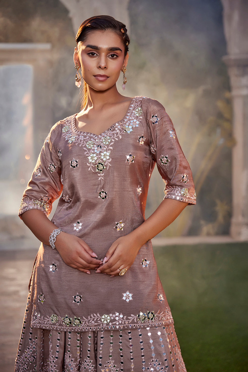 Coffee Mirror Embroidered Kurta, Lehenga And Dupatta Set