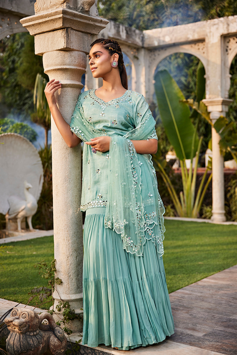 Sea Green Mirror Embroidered Short Kurta, Sharara And Dupatta Set