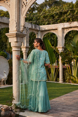 Sea Green Mirror Embroidered Short Kurta, Sharara And Dupatta Set