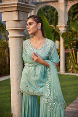 Sea Green Mirror Embroidered Short Kurta, Sharara And Dupatta Set