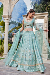 Sea Green Mirror Embroidered Choli, Lehenga And Dupatta Set