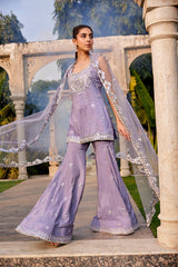 Lilac Mirror Embroidered Short Kurta, Sharara And Dupatta Set