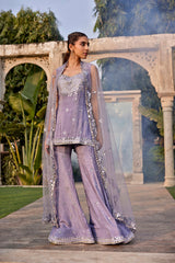 Lilac Mirror Embroidered Short Kurta, Sharara And Dupatta Set