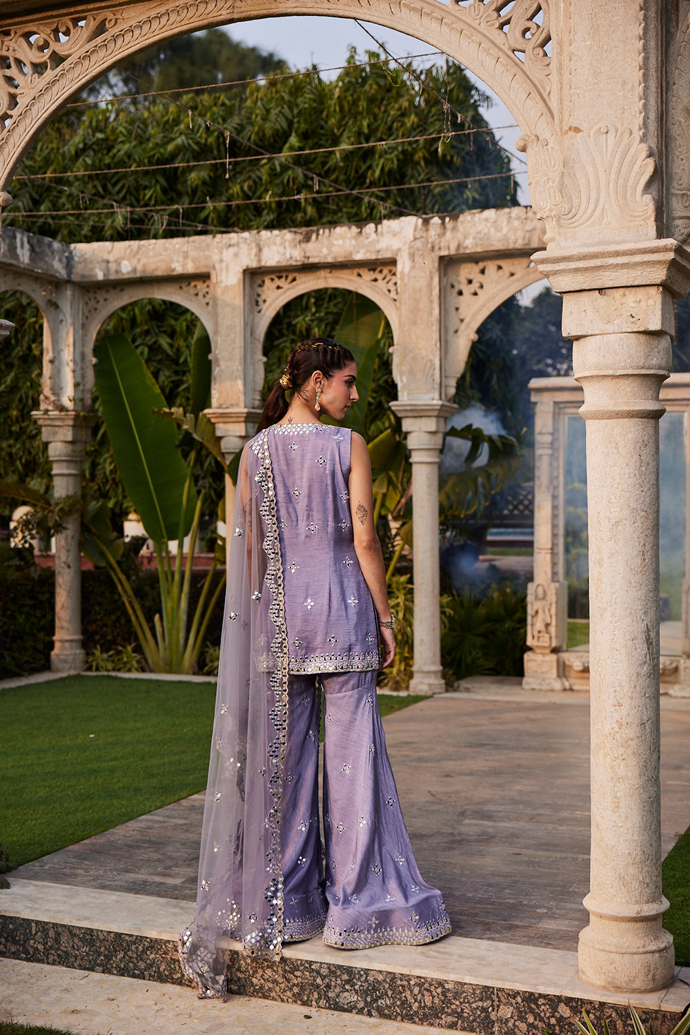 Lilac Mirror Embroidered Short Kurta, Sharara And Dupatta Set