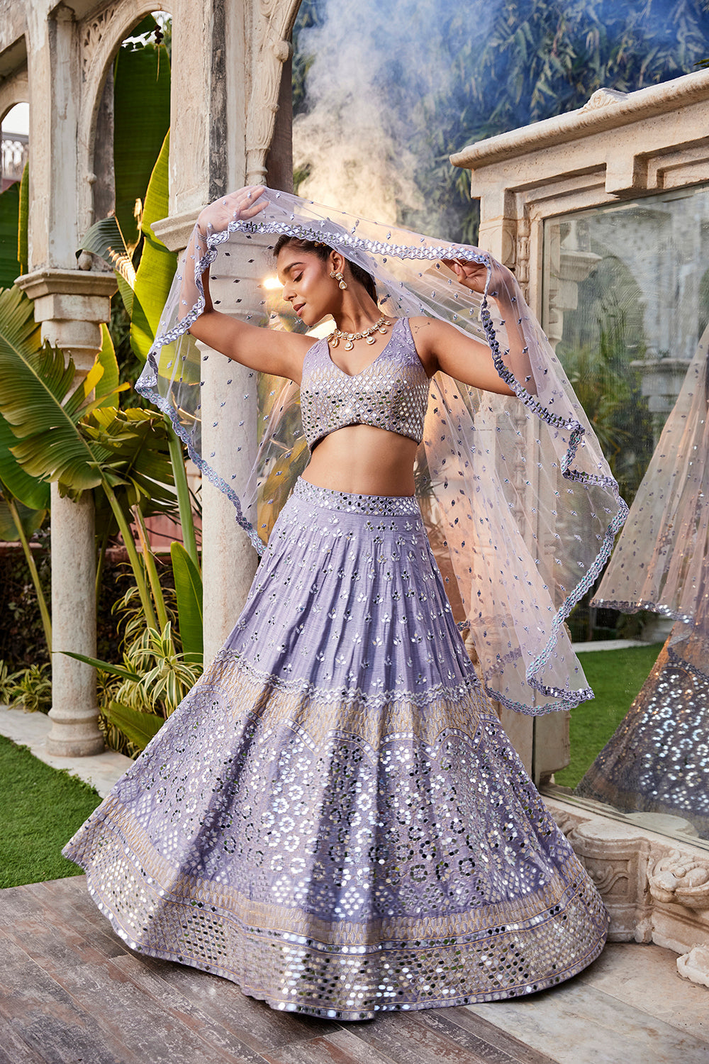 Lilac Mirror Embroidered Choli, Lehenga And Dupatta Set