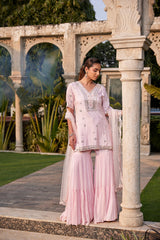 Baby Pink Mirror Embroidered Short Kurta, Sharara And Dupatta Set