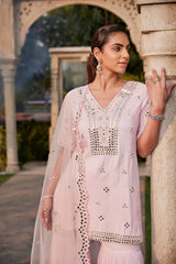 Baby Pink Mirror Embroidered Short Kurta, Sharara And Dupatta Set