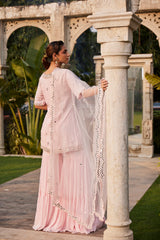 Baby Pink Mirror Embroidered Short Kurta, Sharara And Dupatta Set