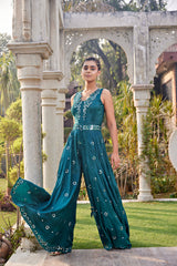 Teal Mirror Embroidered Jumpsuit With Belt