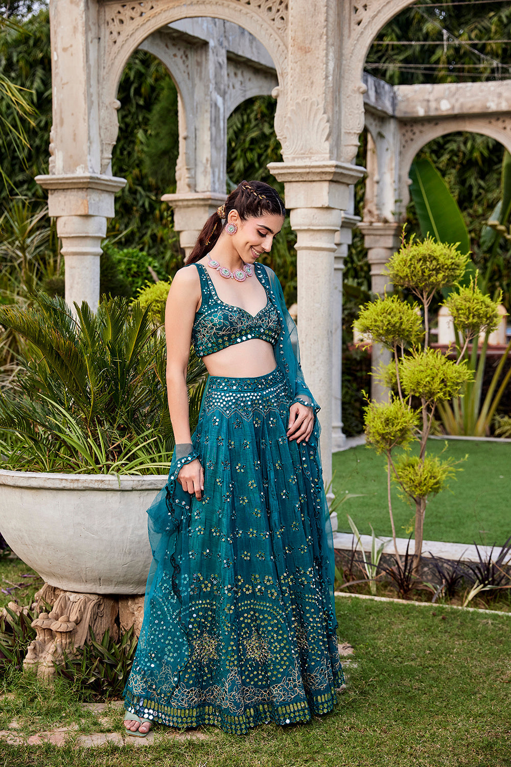 Teal Mirror Embroidered Choli, Lehenga And Dupatta Set