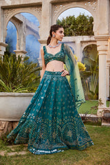 Teal Mirror Embroidered Choli, Lehenga And Dupatta Set