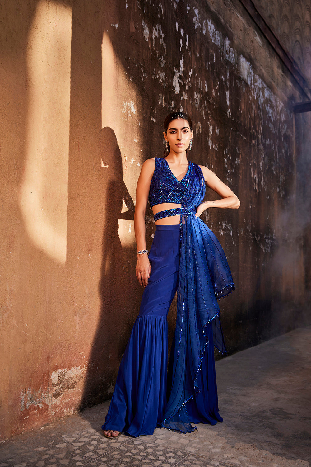 Blue Sharara With Embroidered Choli And Draped Dupatta