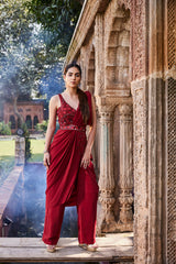 Red Pant Sari With Belt