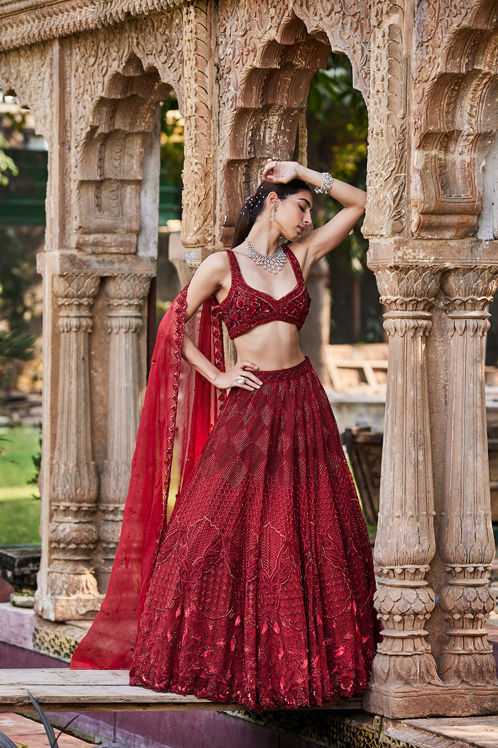 Red Embroidered Lehenga Set