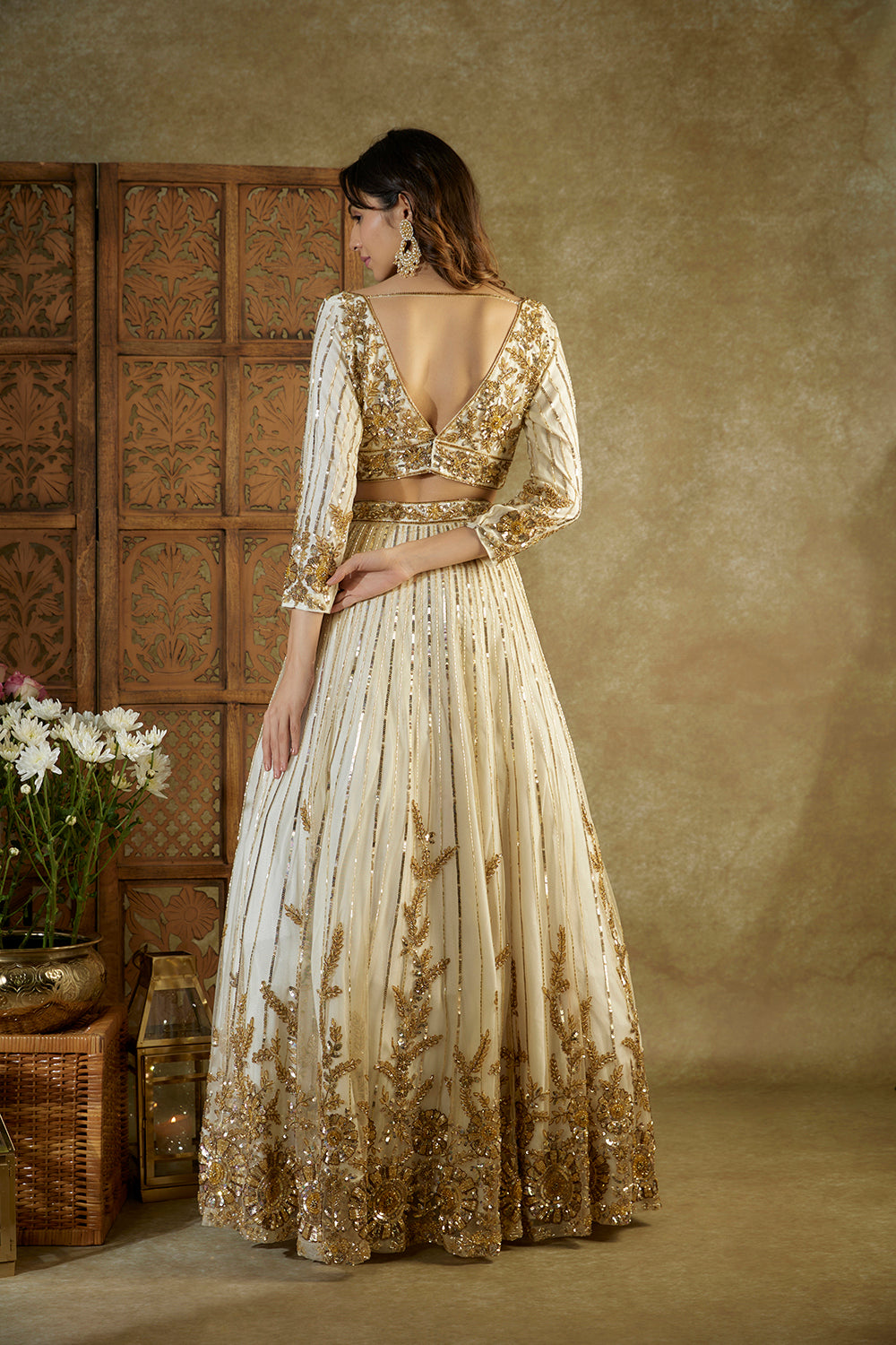 Ivory And Gold Embroidered Lehenga Set