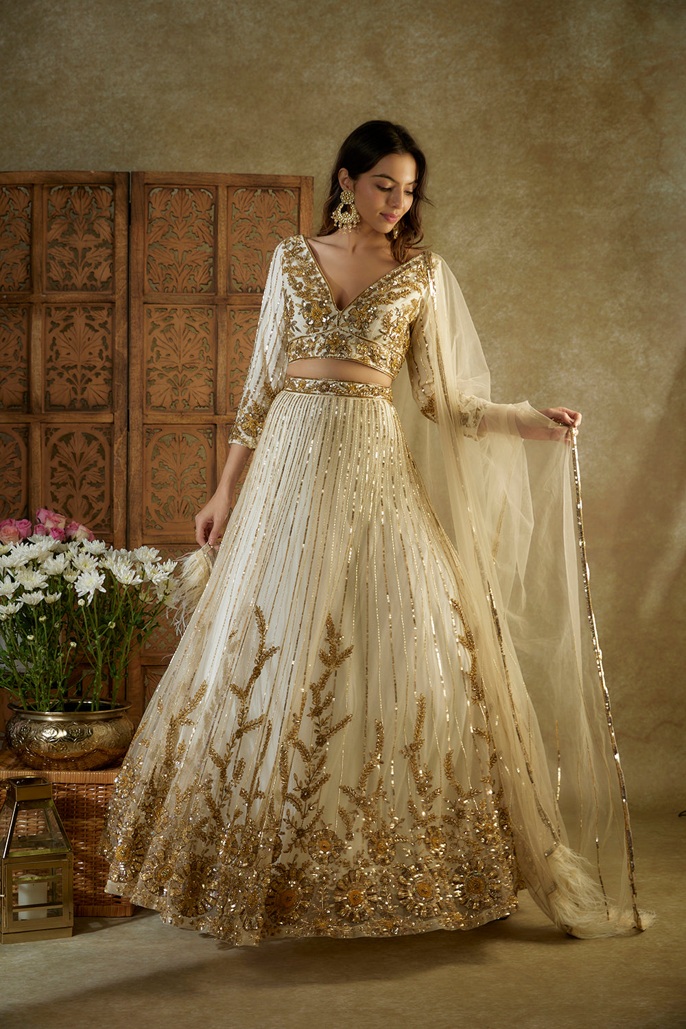 Ivory And Gold Embroidered Lehenga Set