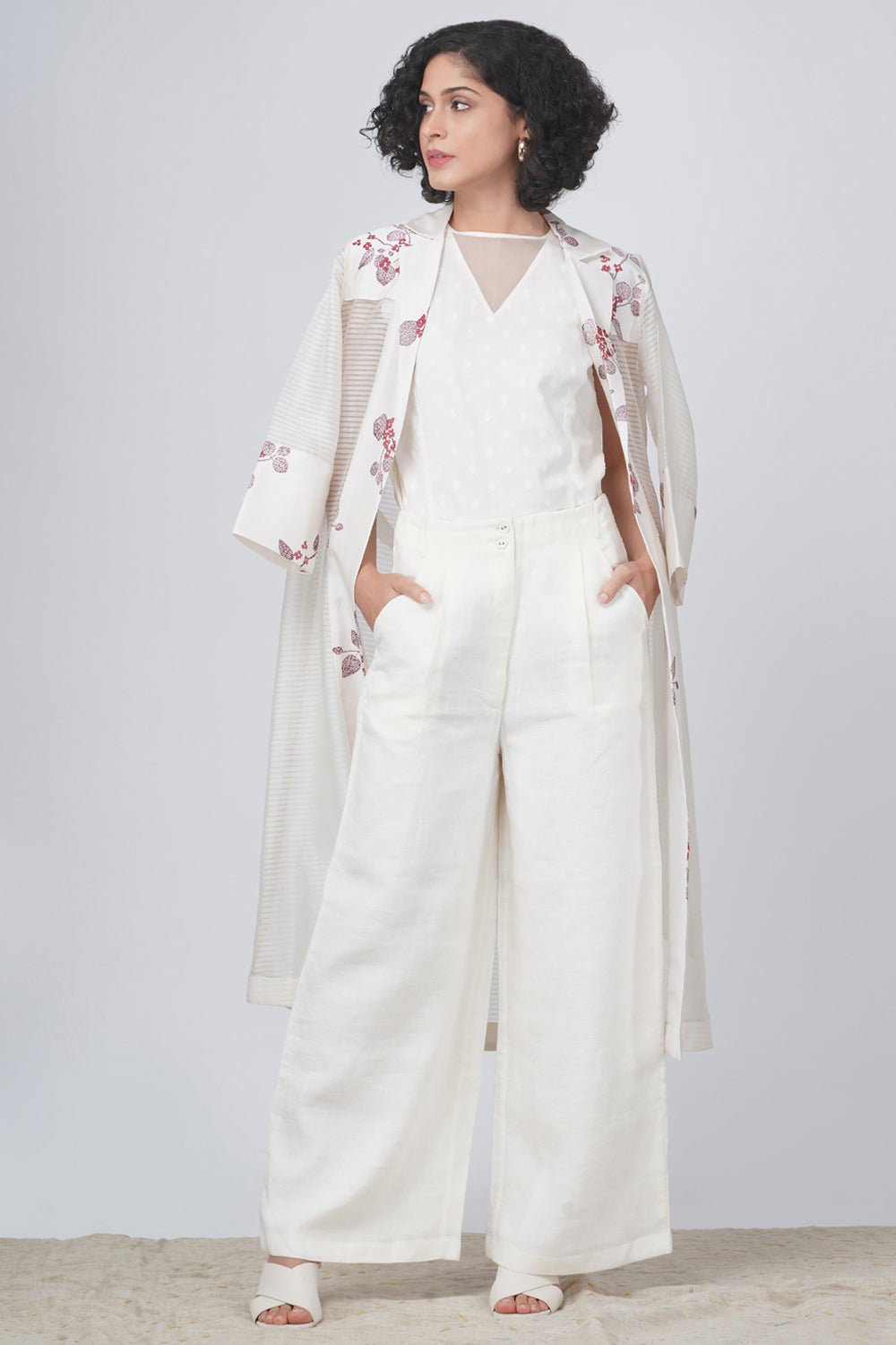 V Neck Top With Flare Pant And  Tie-Up Organza Jacket