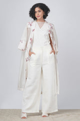 V Neck Top With Flare Pant And  Tie-Up Organza Jacket