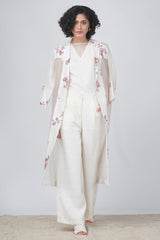 V Neck Top With Flare Pant And  Tie-Up Organza Jacket