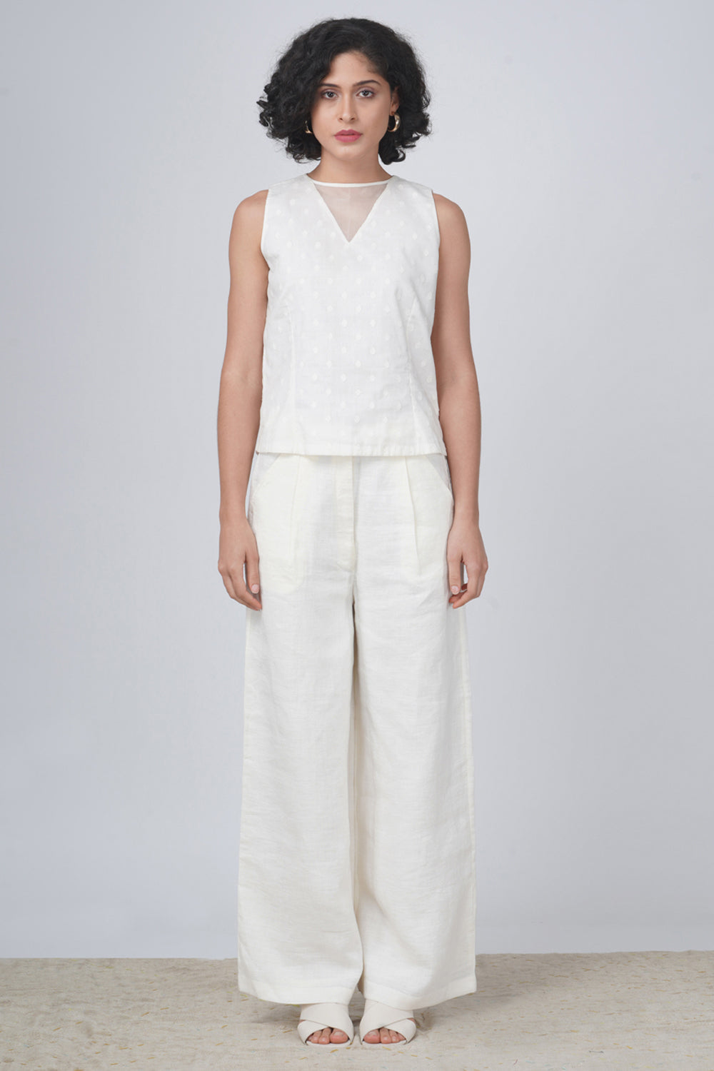 V Neck Top With Flare Pant And  Tie-Up Organza Jacket