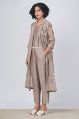 V Neck Top With Flare Pants And Rose Print Organza Jacket