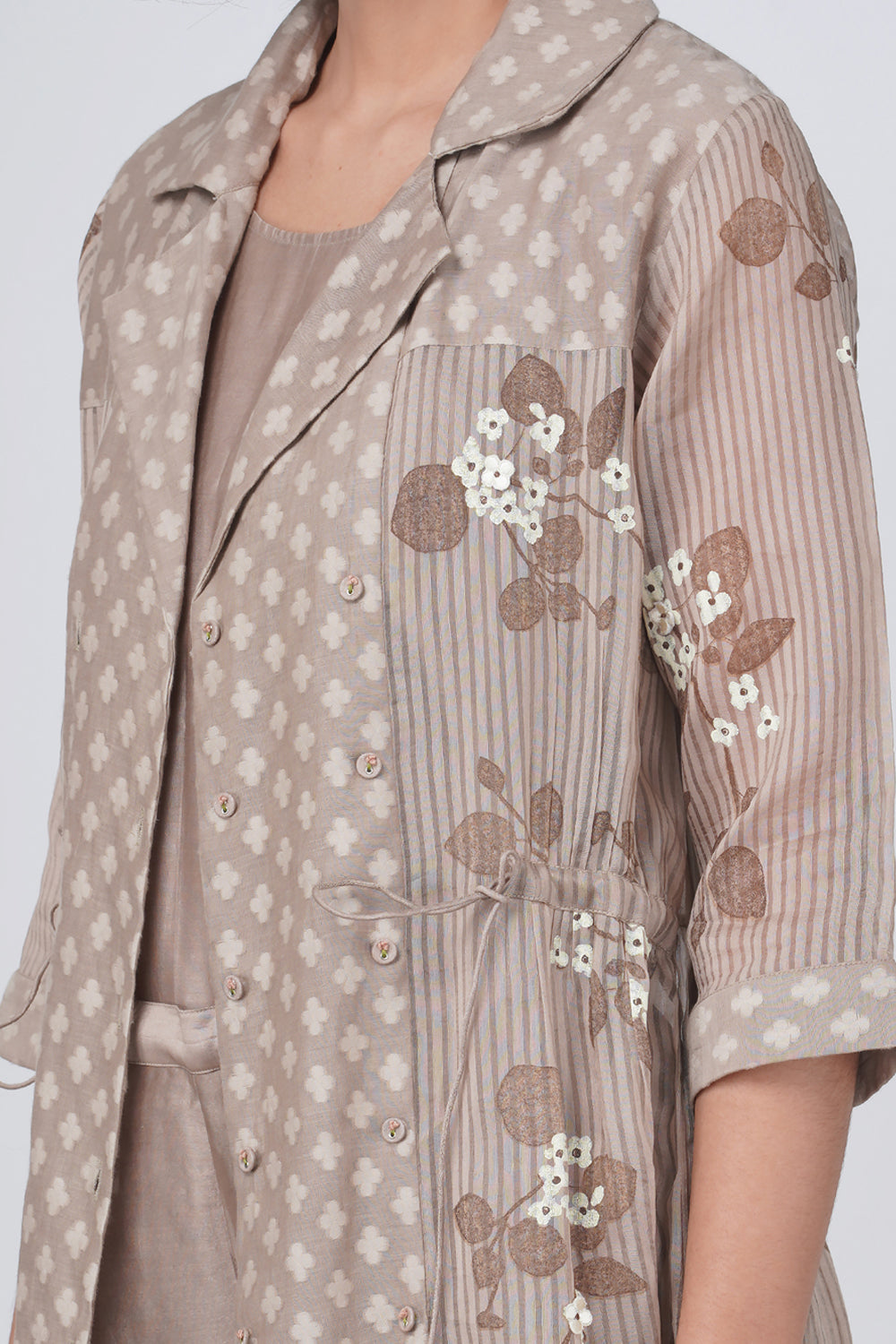 V Neck Top With Flare Pants And Rose Print Organza Jacket