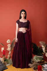 Blouse (Cap Sleeve) Paired With Pleated Skirt & Net Dupatta