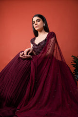 Blouse (Cap Sleeve) Paired With Pleated Skirt & Net Dupatta