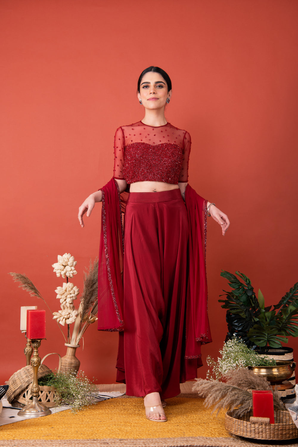 Blouse With Pant Skirt & Net Dupatta