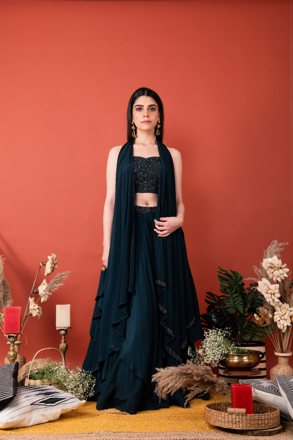 Double Layer Skirt With Blouse And Dupatta