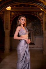 Grey Satin Silk Drape Saree