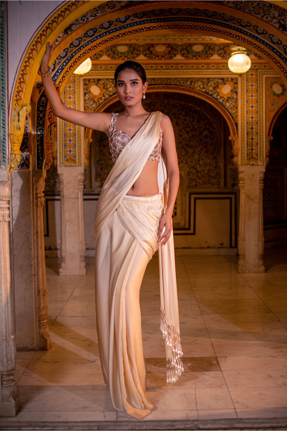 Ivory  Satin Silk Drape Saree