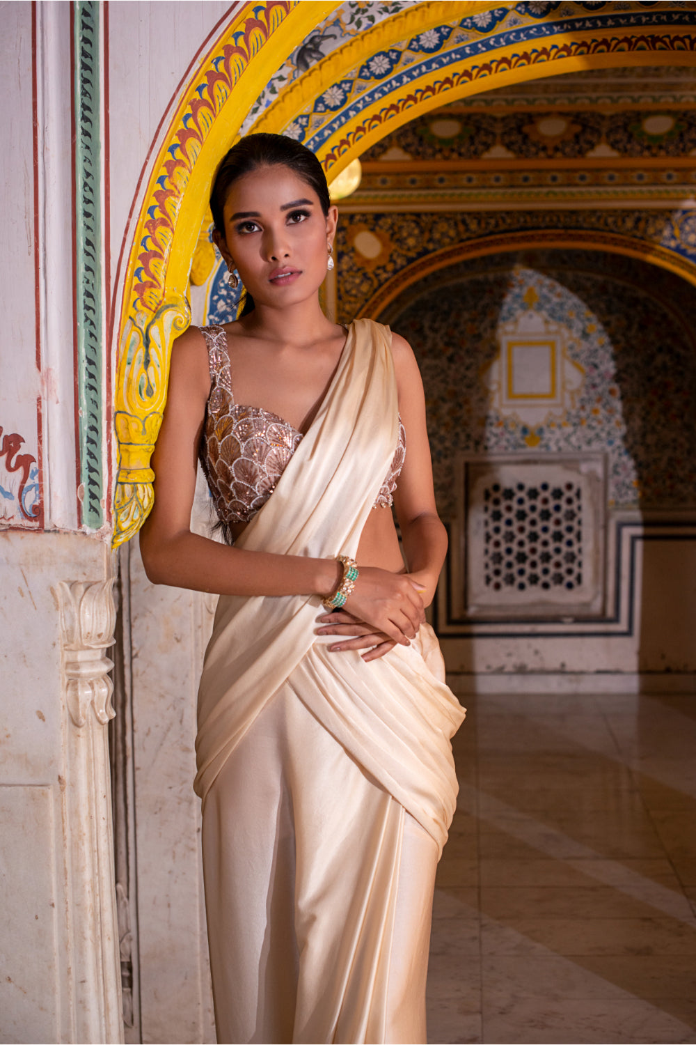 Ivory  Satin Silk Drape Saree