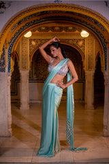 Ice Blue Satin Silk Drape Saree