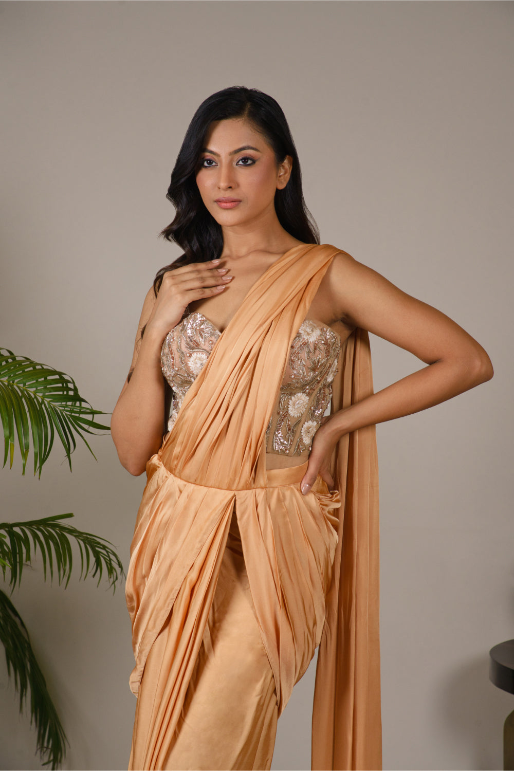 Gold Satin Silk Drape Saree