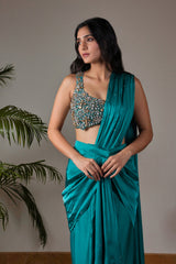 Turquoise Blue Satin Silk Drape Saree