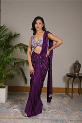 Purple Satin Silk Drape Saree