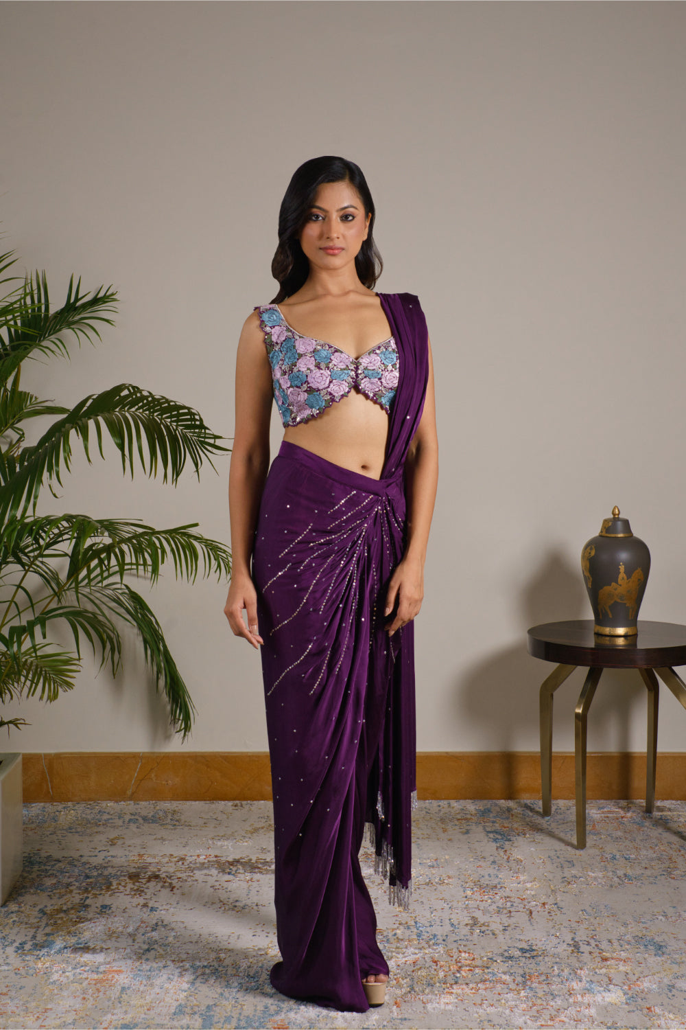 Purple Satin Silk Drape Saree