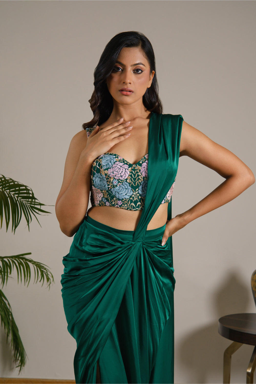 Emerald Green Drape Satin Saree