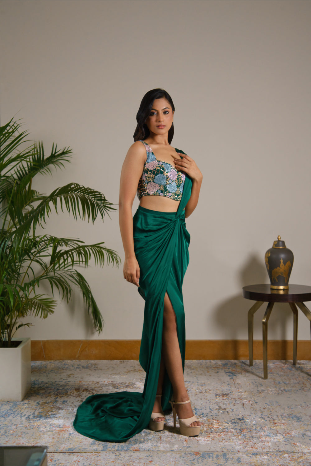 Emerald Green Drape Satin Saree