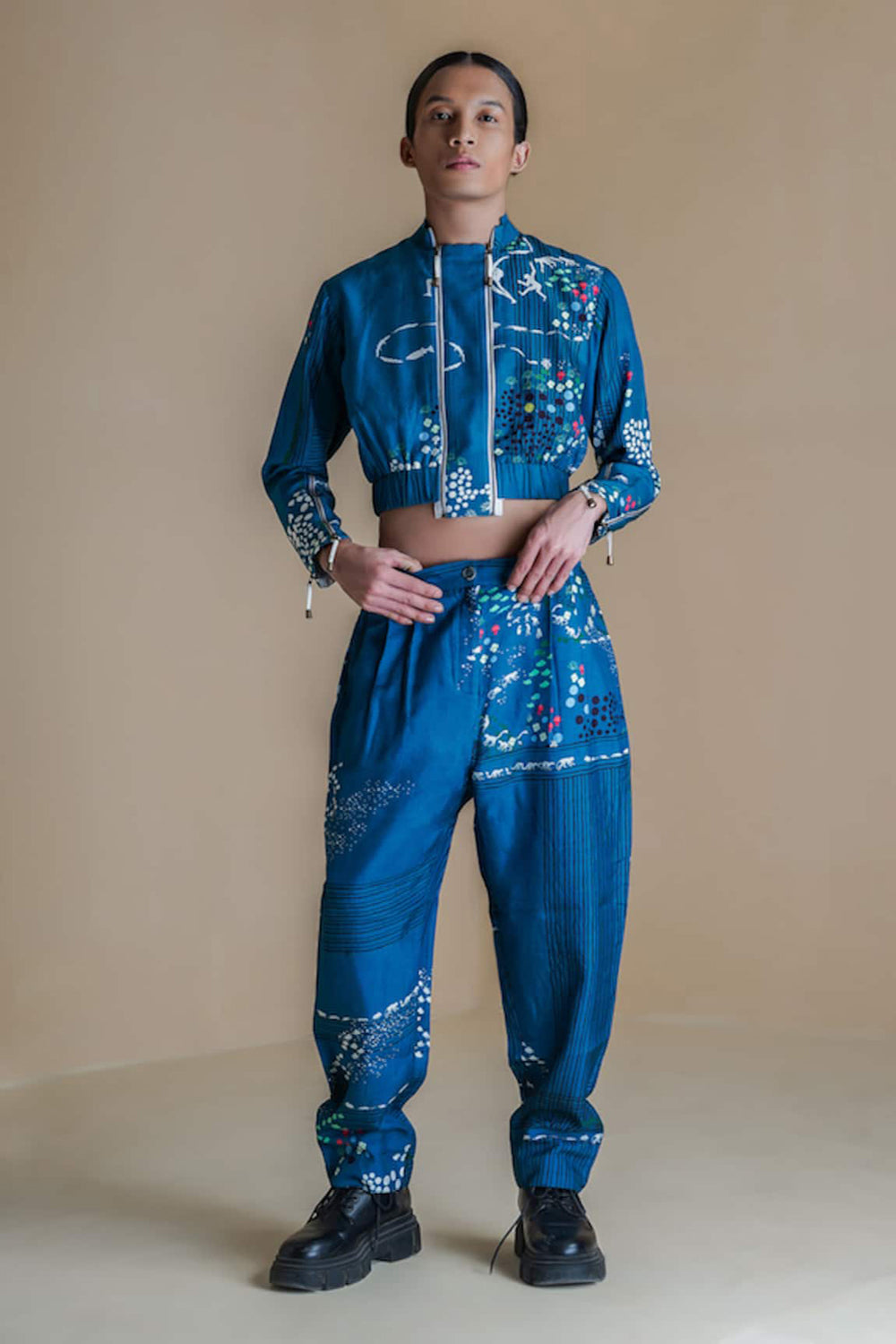 Blue Double Zip Printed Jacket With Printed Pants