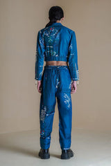 Blue Double Zip Printed Jacket With Printed Pants