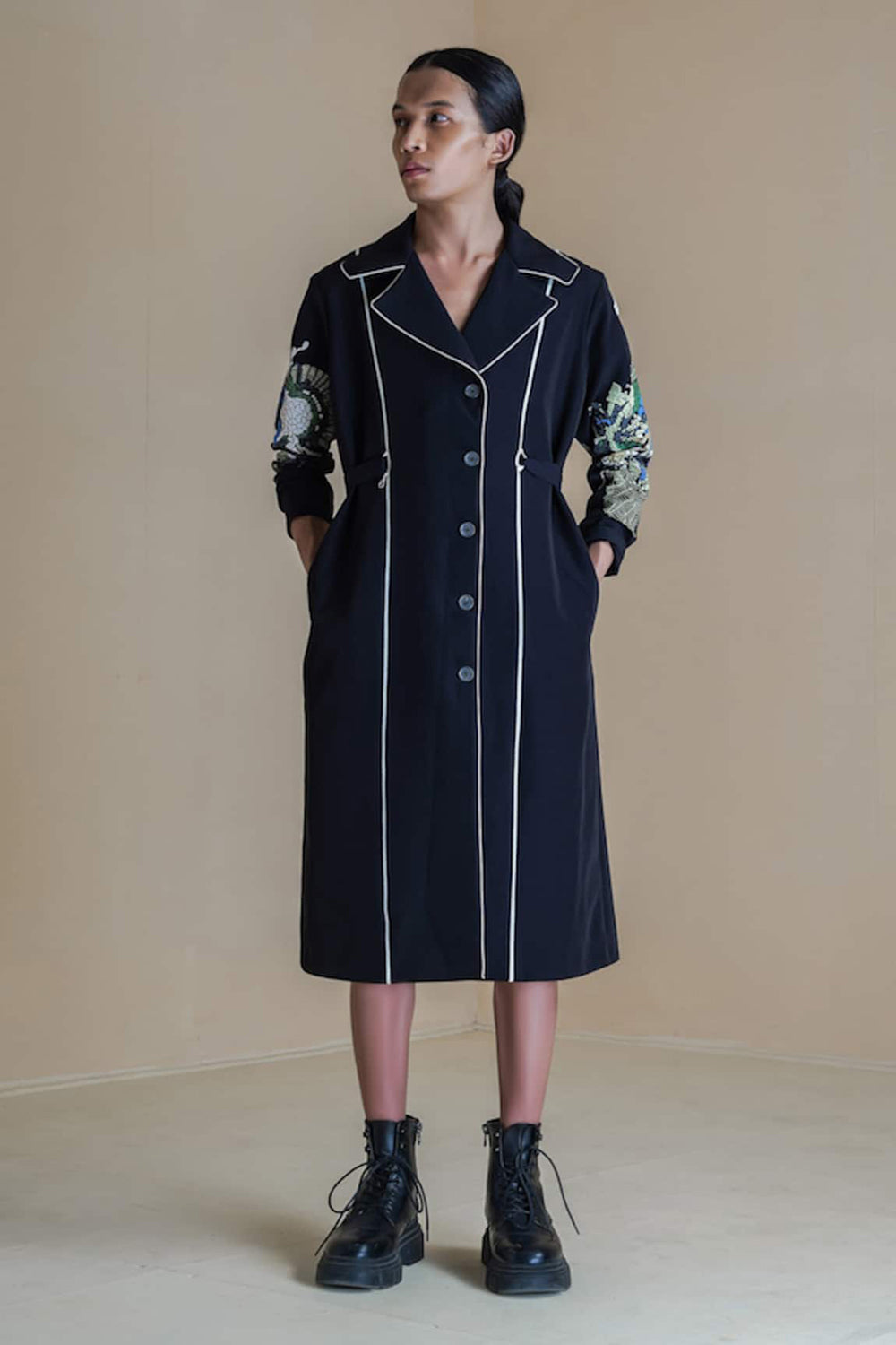 Black Straight Fir Coat Dress With White Detailing And Print On The Sleeves