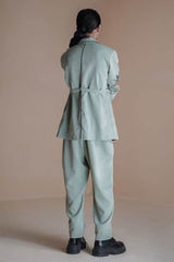 Olive Coat Set With Intricate Details And Germ Print On The Sleeves And Solid Olive Pants