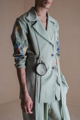 Olive Coat Set With Intricate Details And Germ Print On The Sleeves And Solid Olive Pants