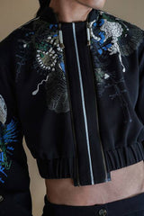 Black Double Zip Set With Print On The Shoulders And The Sleeves With  Solid Black Pants