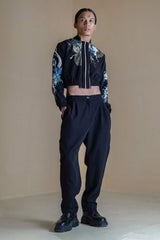 Black Double Zip Set With Print On The Shoulders And The Sleeves With  Solid Black Pants